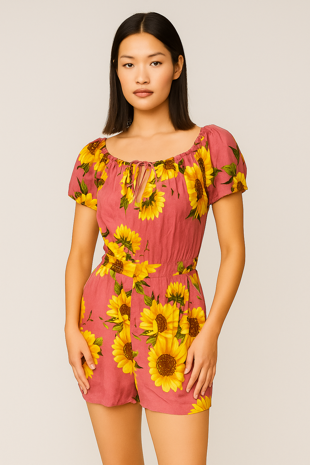 ✨ Sunflower Bliss Romper – Pink Rouge Edition ✨
Step into sunshine with this flirty, floral romper that radiates pure joy.